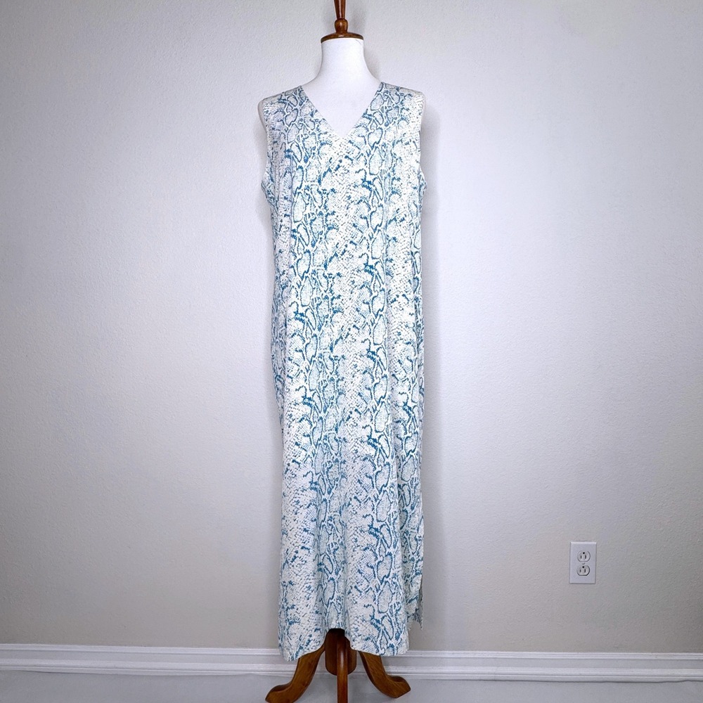 EQUIPMENT Silk Sleeveless Shift Midi Dress L Snakeskin Print Blue‎ Cream Chic